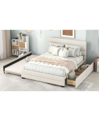 Queen Upholstered Platform Bed with Twin Size Trundle and Two Drawers