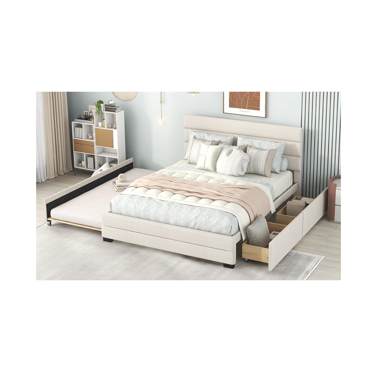Slickblue Queen Upholstered Platform Bed with Twin Size Trundle and Two Drawers