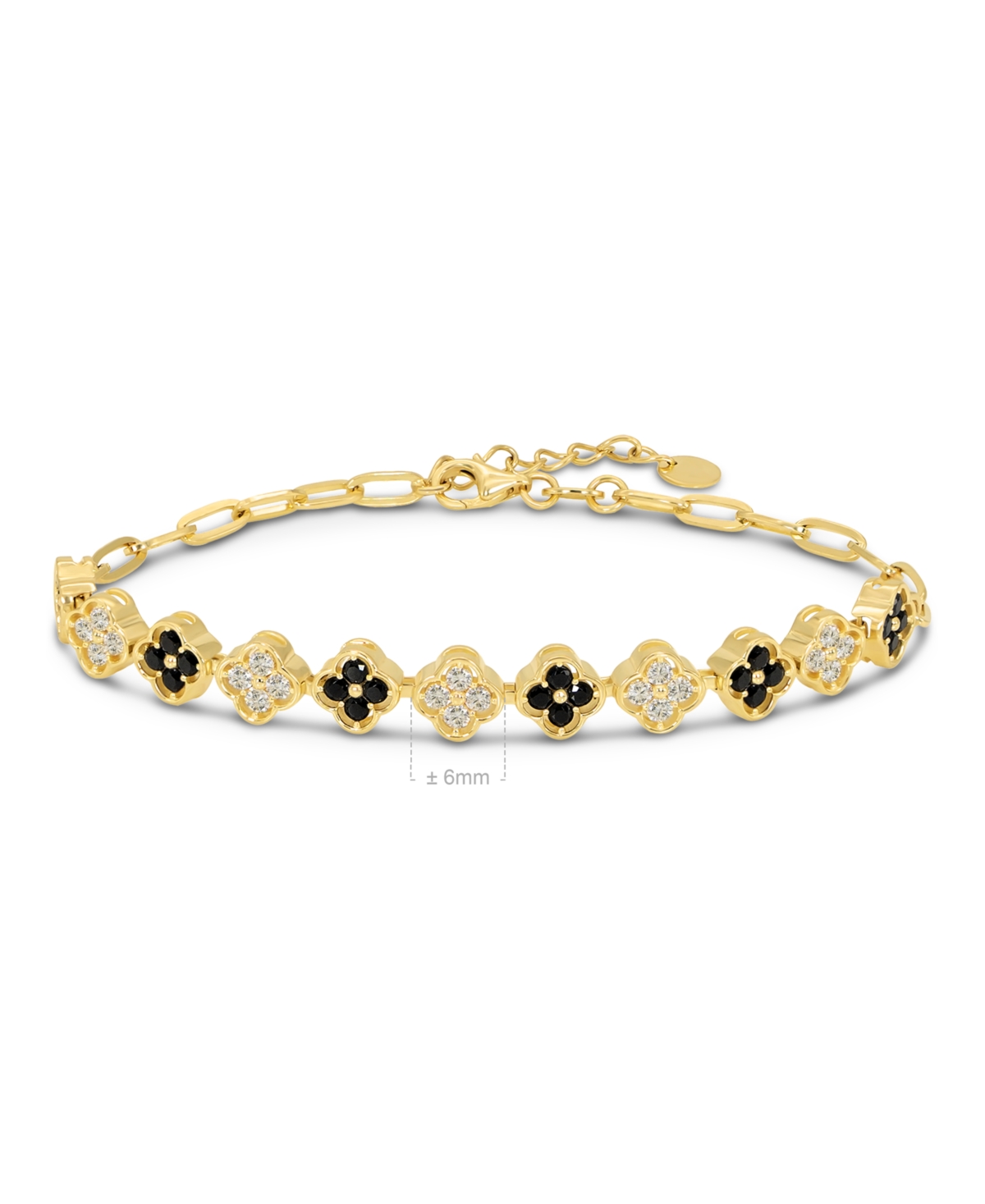 Devata White and Black Cubic Zirconia Clover Paperclip Chain Bracelet in 14K 6.5 in adj to in, approx. 6.1 grams - gold, black, white