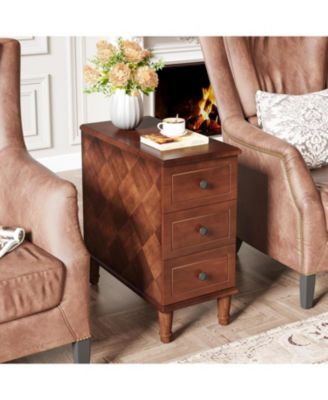 Solid Wood End Table, Fully Assembled Narrow Side Table with Drawers, Pre-Assembled Nightstand Slim Bedside Table for Small Spaces, Living Room, Bedroom, Brown (2)