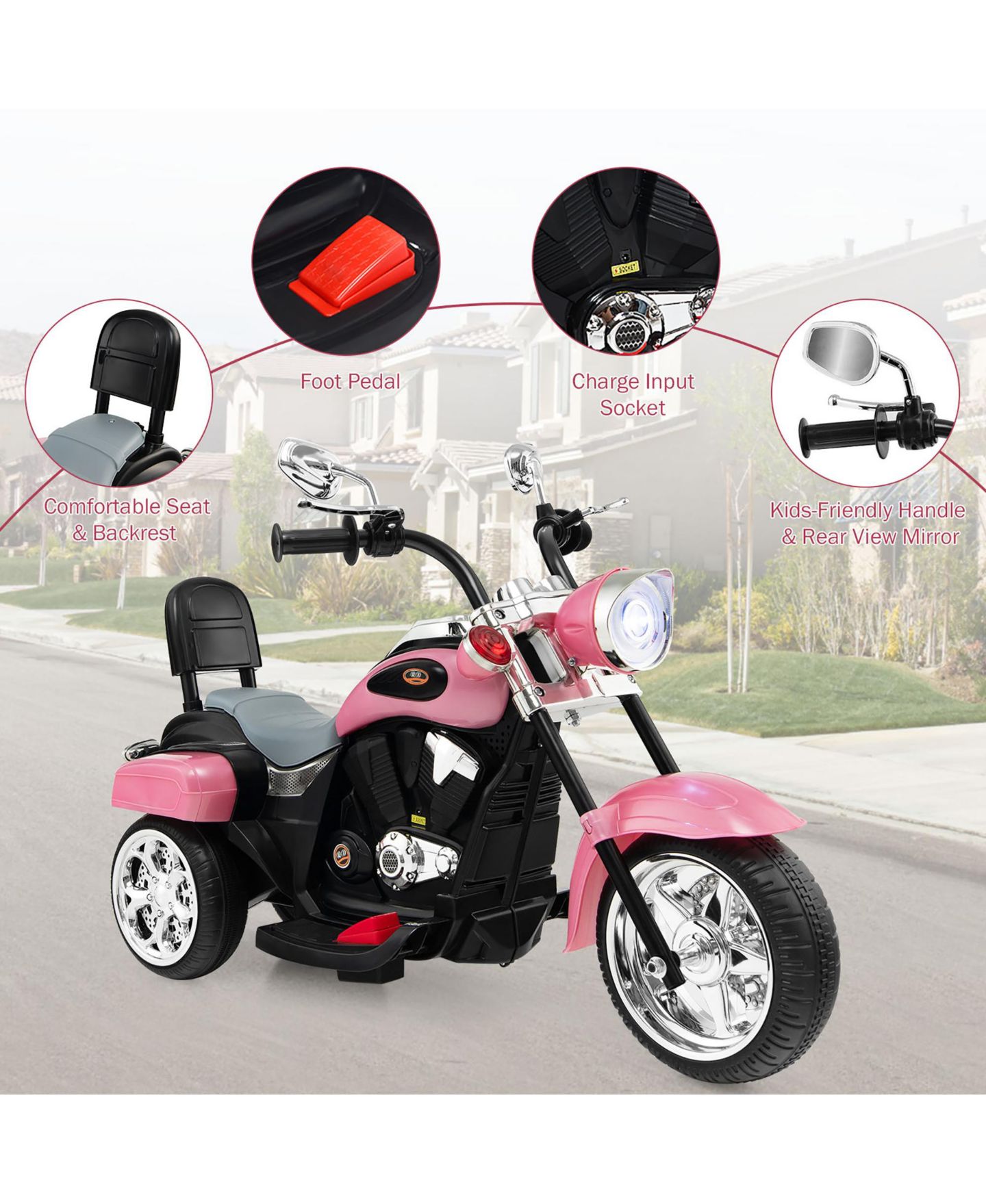 Детская игрушка Costway Chopper 3-Wheel Battery-Powered Rechargeable Kids Motorcycle, 44-lb. Capacity, Ages 3+, цвет: Розовый — фото 3