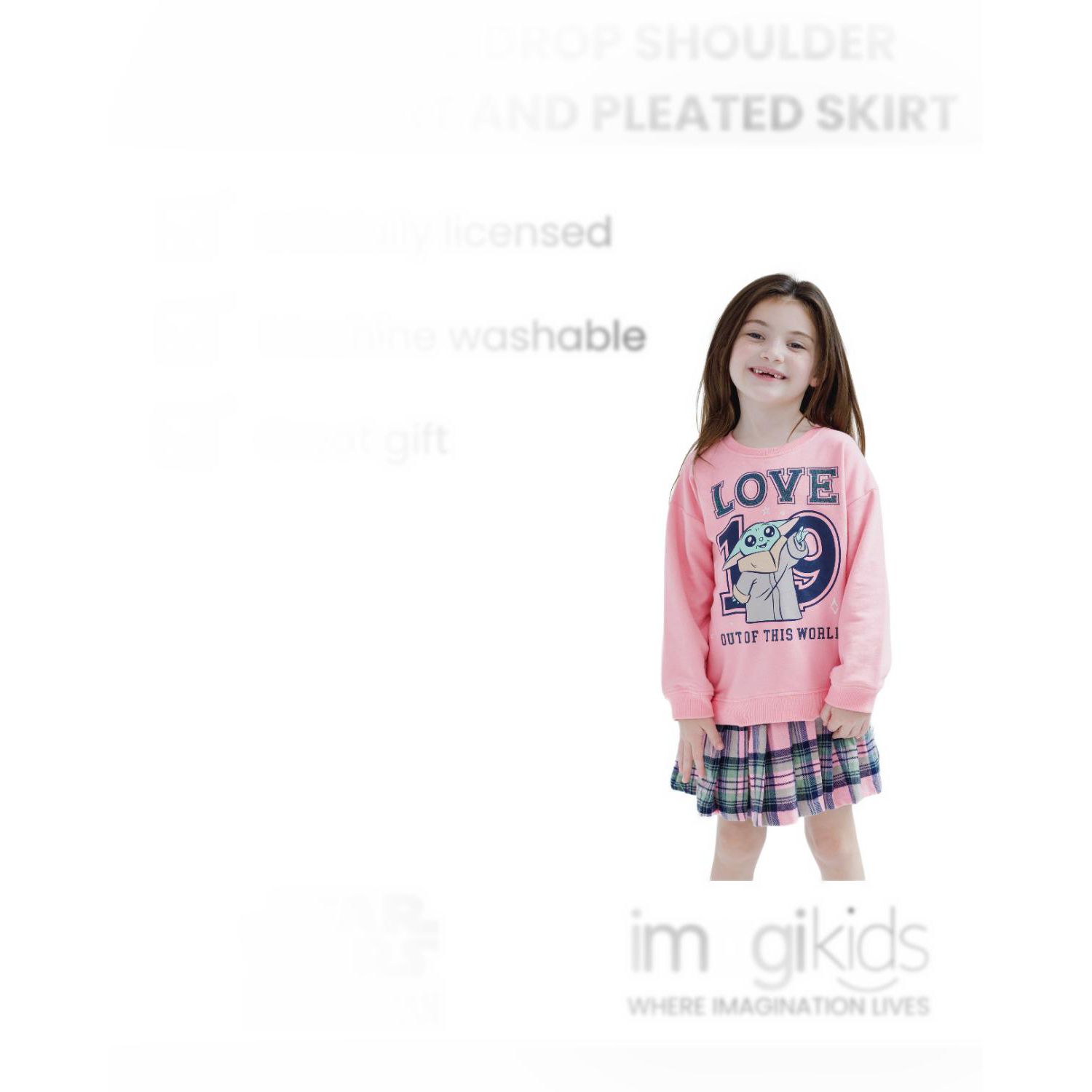 Girls 6-16 The Mandalorian Grogu Fleece Oversized Drop Shoulder Sweatshirt and Pleated Skirt