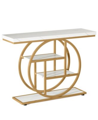 41.3" Console Table, Industrial 4-Tier Sofa Table Entryway Table with Circle Base, Narrow Wood Accent Tables with Shelves, Light Brown