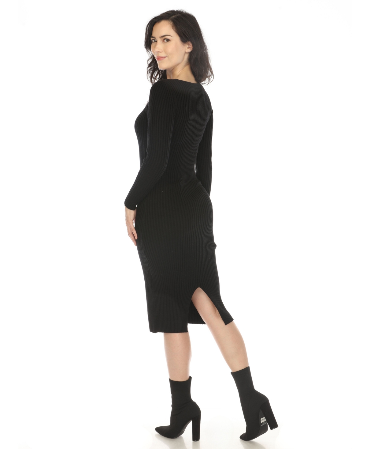 WHITE MARK WOMEN'S LONG SLEEVE RIB MIDI SWEATER DRESS 