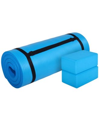 71"x24" Anti Tear Yoga Mat w/Strap, Knee Pad & Blocks, Blue