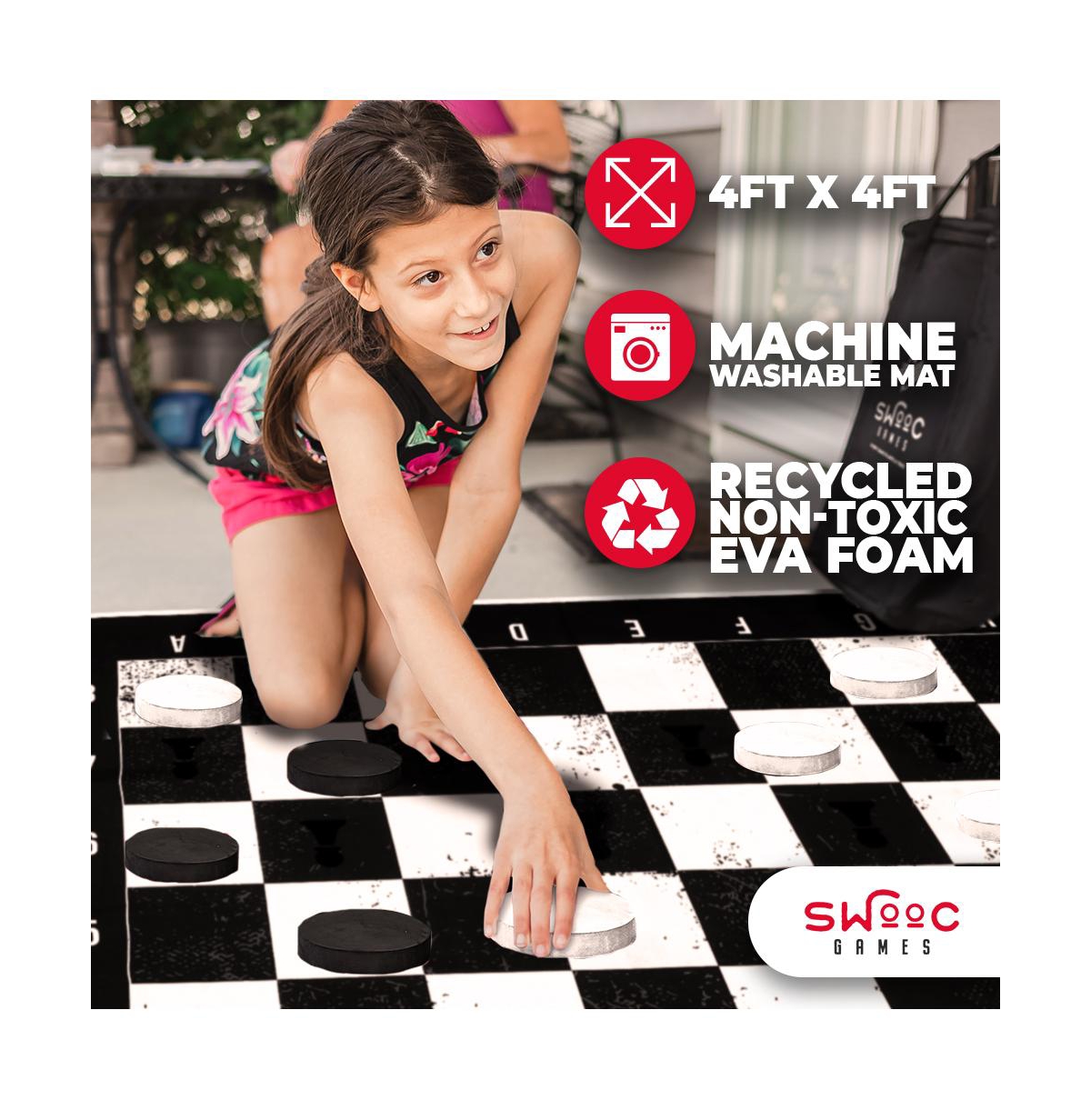 Swooc 3-in-1 Giant Checkers, Chess, & Chess Tac Toe Game With Mat (4ft x 4ft) - Machine-Washable Canvas & 5