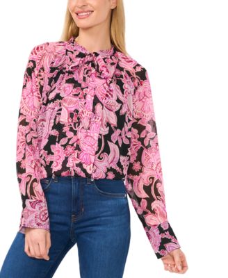 CeCe - Women's Paisley-Print Pleated Tie-Neck Blouse