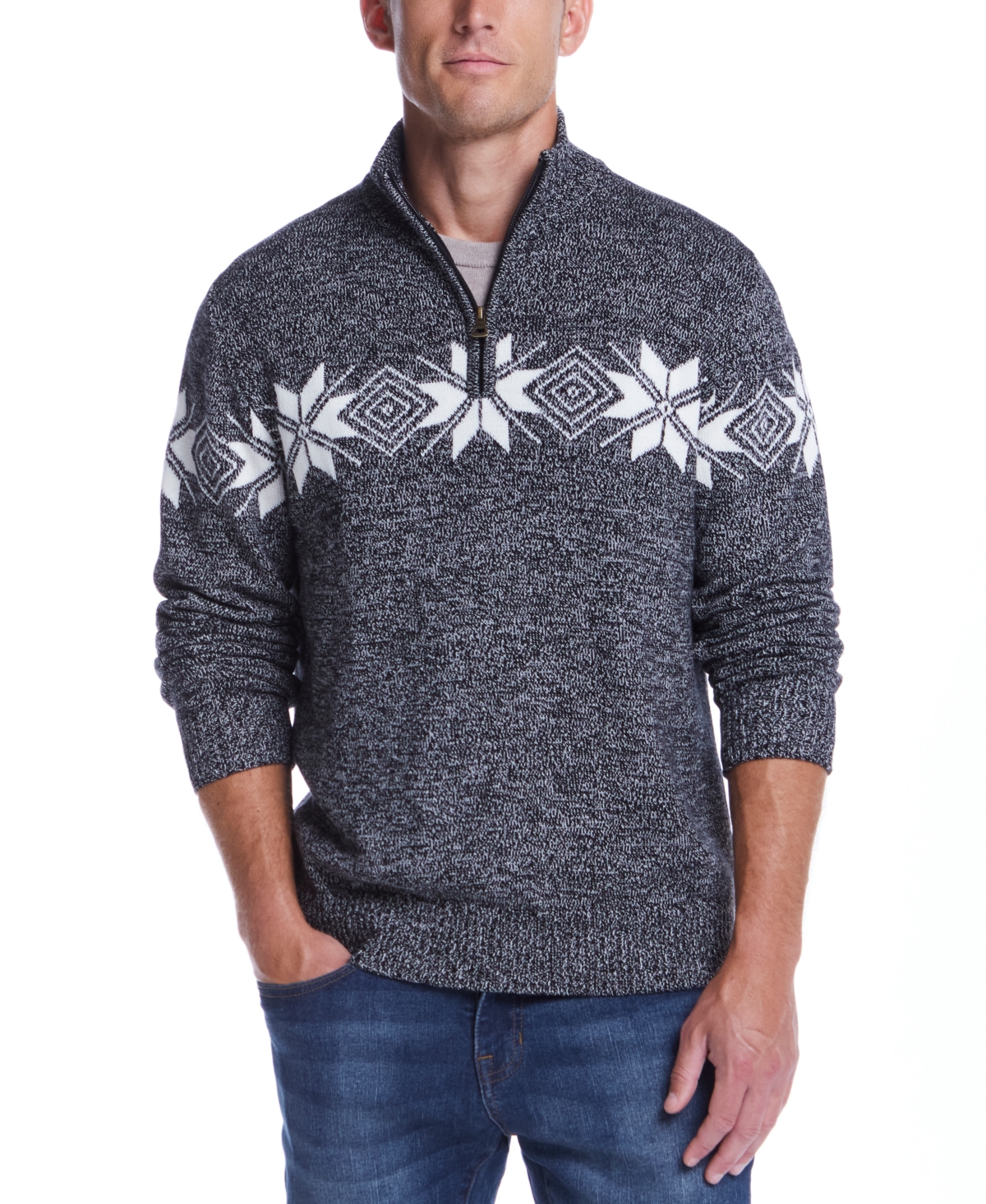Weatherproof Vintage Men's Quarter-zip Snowflake-pattern Sweater In Black Vanilla