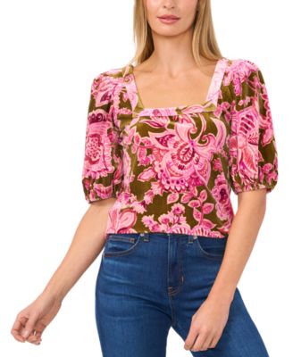 CeCe - Women's Velvet Paisley-Print Puff-Sleeve Top