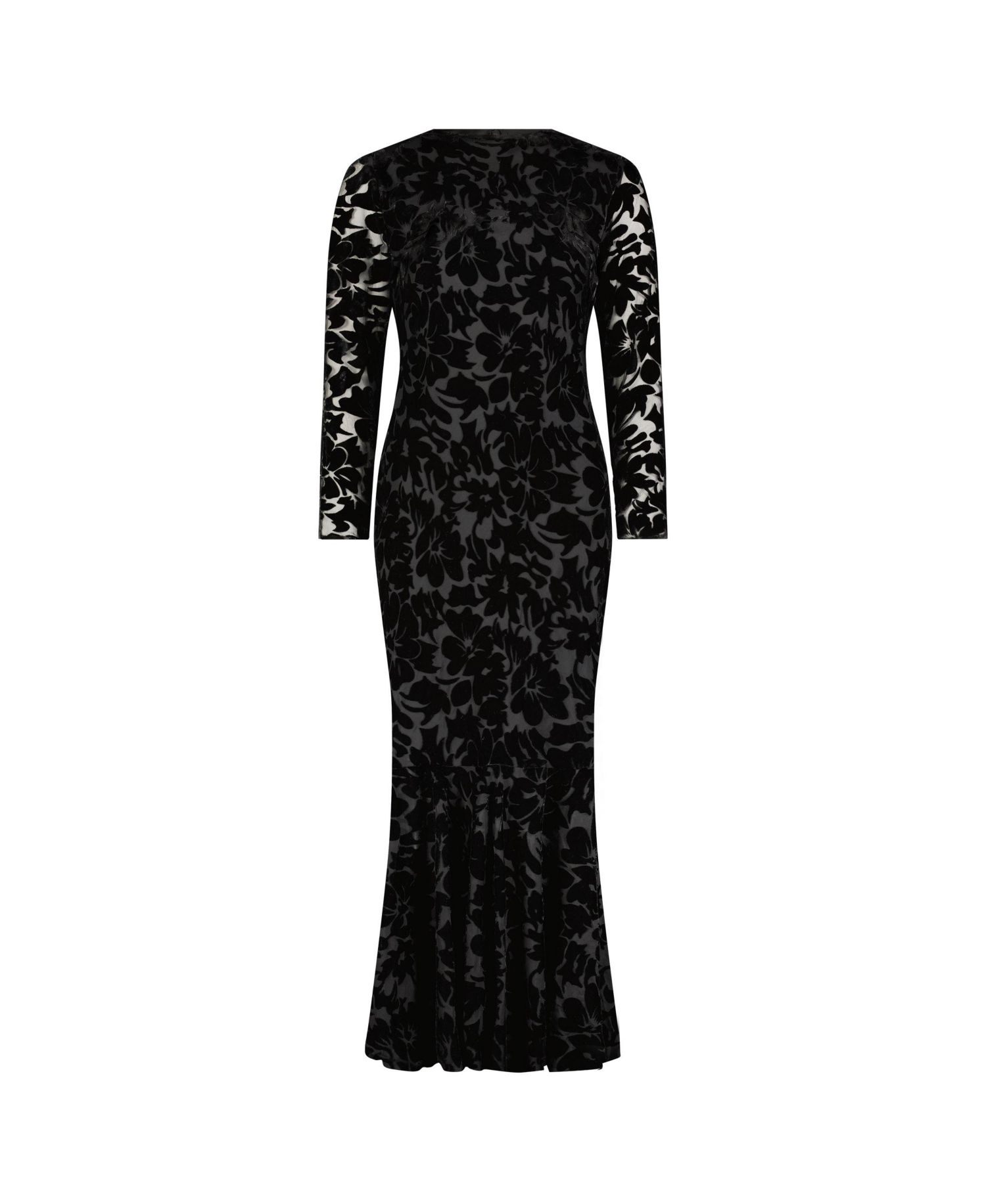 Women's Burnout Velvet Long Sleeve Ruffle Hem Midi Dress