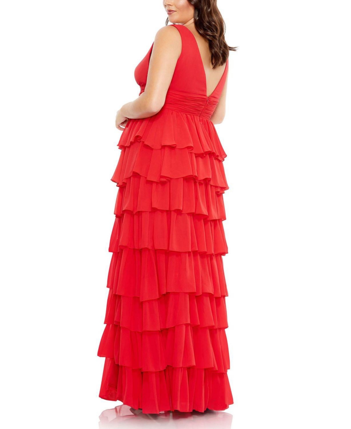 Mac Duggal Women's Plus Size Ruffle Tiered Sleeveless V Neck Gown