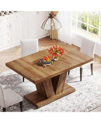 47-Inch Dining Table for 4, Walnut Brown Kitchen Dinner Table with Heavy Duty Pedestal, Farmhouse Wooden Eating Table