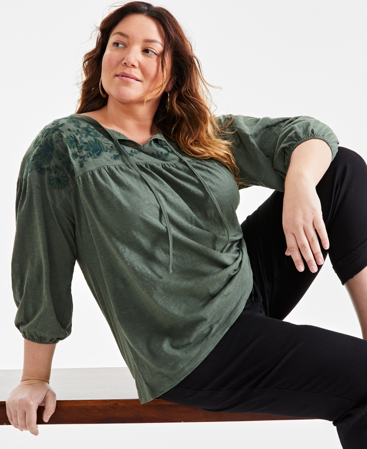 Style & Co Plus Size Embroidered-Yoke 3/4-Sleeve Top, Created for Macy's