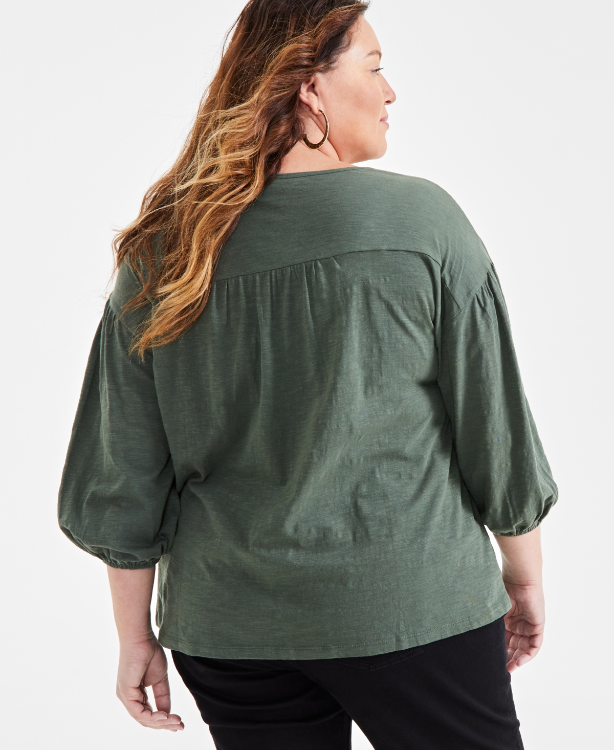 Style & Co Plus Size Embroidered-Yoke 3/4-Sleeve Top, Created for Macy's
