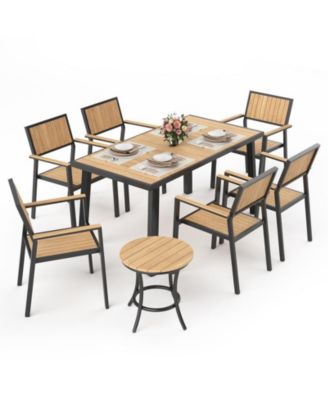 8-Piece Aluminum Teak Outdoor Patio Dining Set with Rectangle Table, Small Side Table and 6-Stackable Chairs