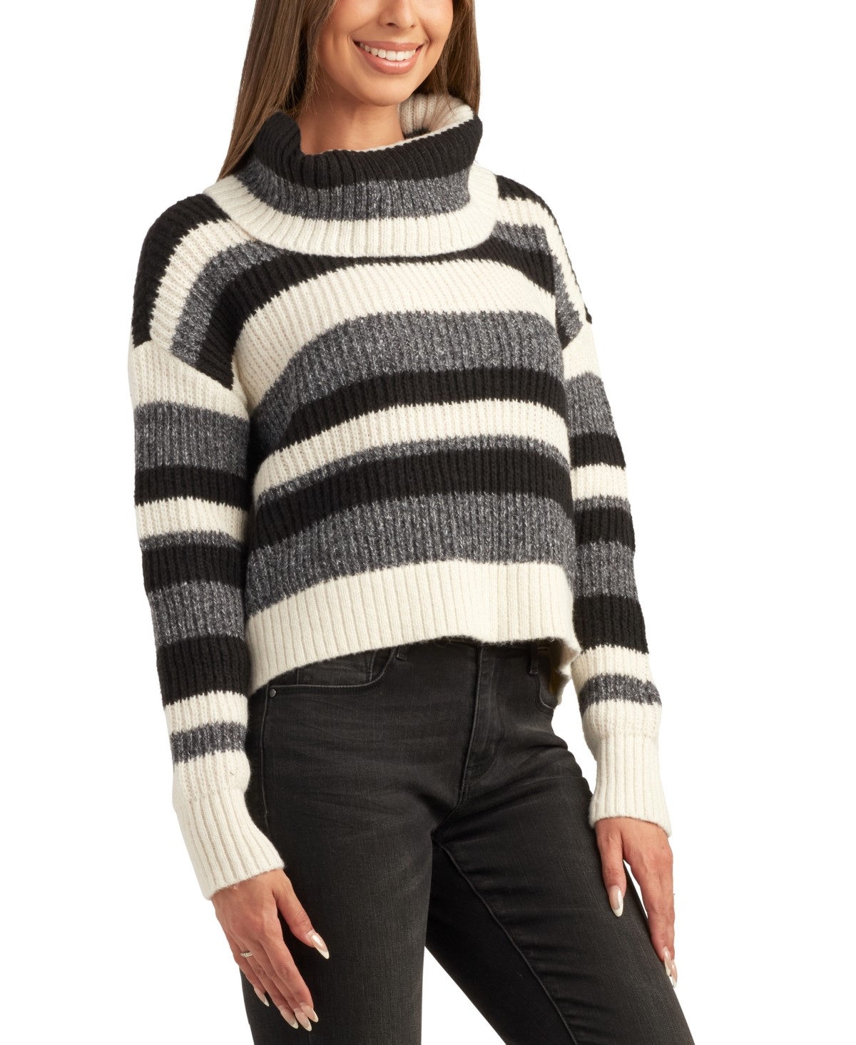 Bcx Juniors' Striped Ribbed Dropped-Shoulder Cowlneck Sweater - Color 1