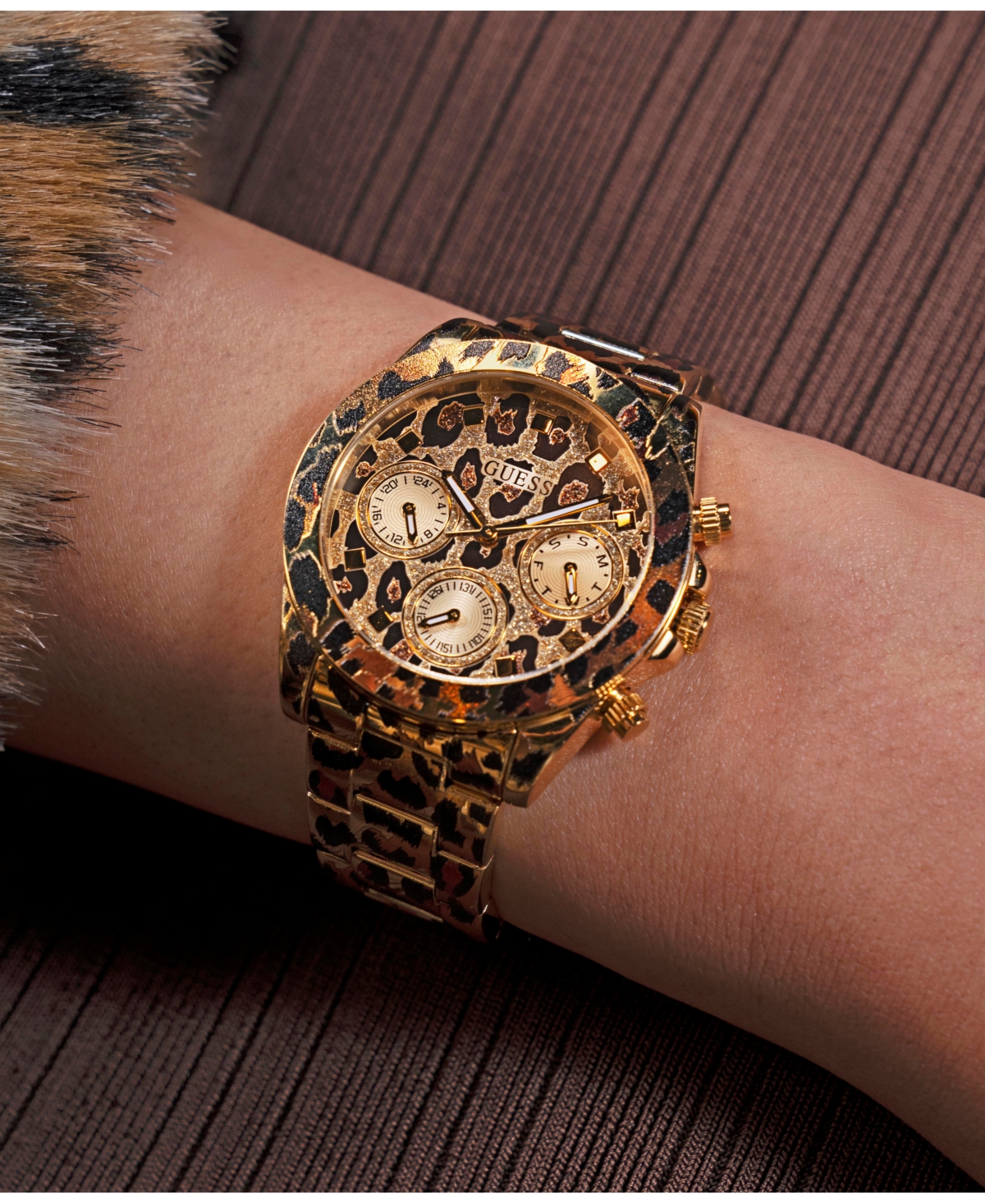 Guess Women's Multi- Function Leopard Steel Watch 38mm In Leopard
