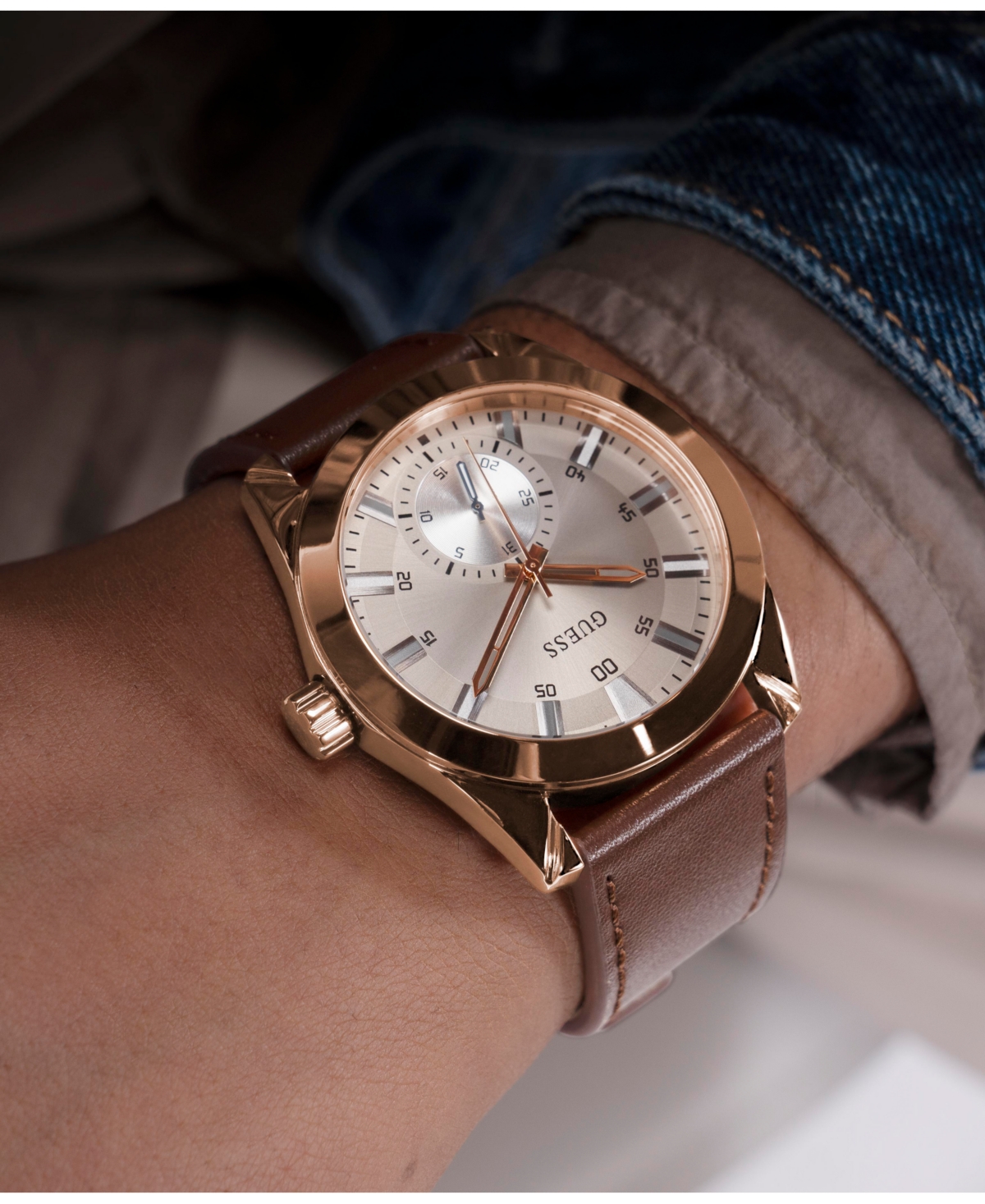 Guess Men's Multi- Function Brown Genuine Leather Watch 44mm In Brown