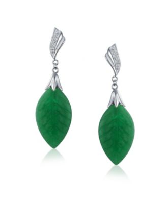 Native American Inspired Carved Leaf Green Dangle Drop Earrings Western Jewelry .925 Sterling Silver
