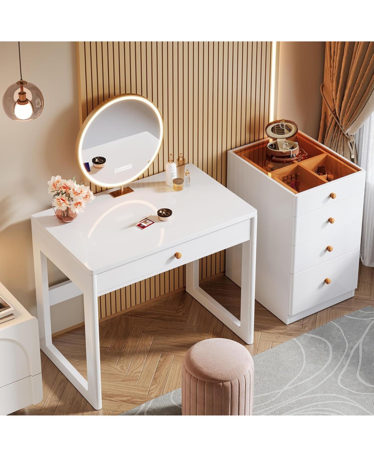 Tribesigns Makeup Vanity Desk with 5 Drawers, Modern Vanity Desk with Glass Top,Computer Desk Dressing Table for Bedroom (Without Mirror)