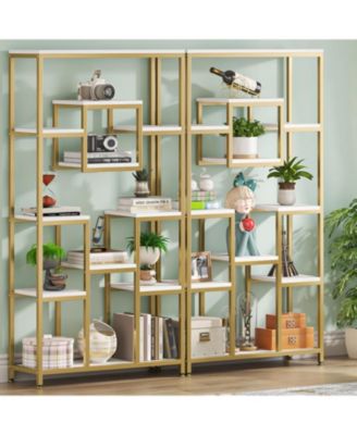 71" Gold Bookshelves Set of 2, 11-Tier Large Tall Open Display Bookshelf, Geometric Cubed Etagere Bookcase, Modern Book Shelf, Gold & White