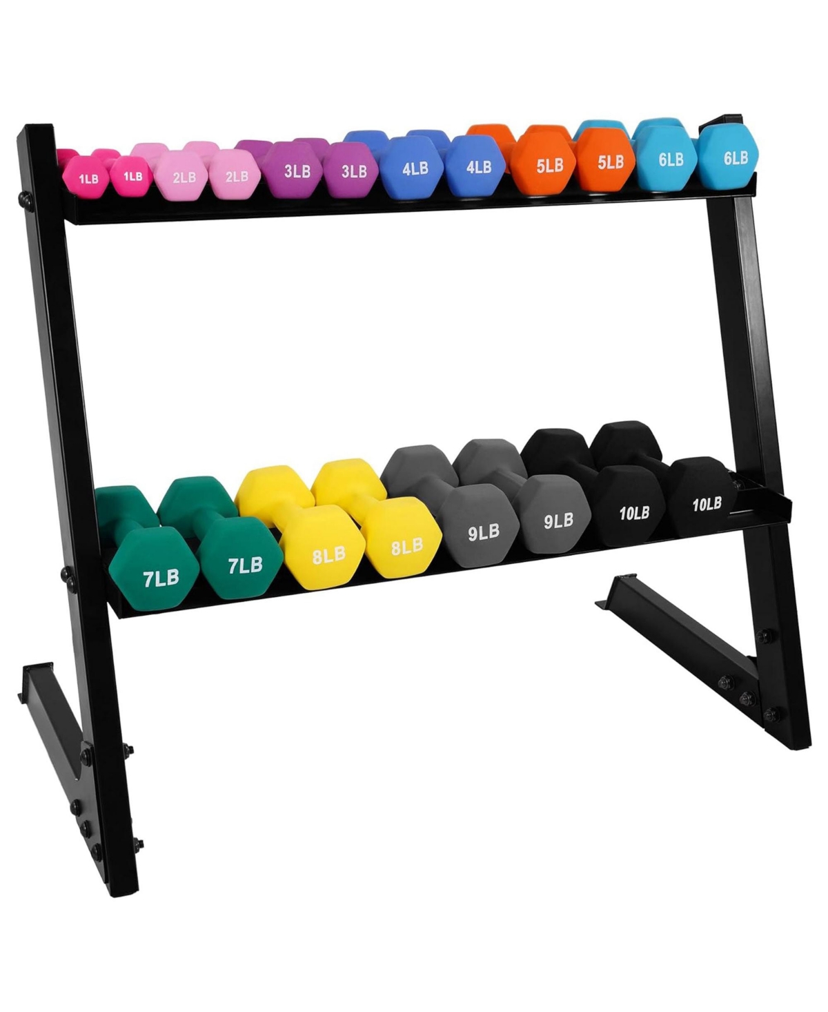 110 Pound Neoprene Coated Dumbbell Set w/ Stand, Multicolor
