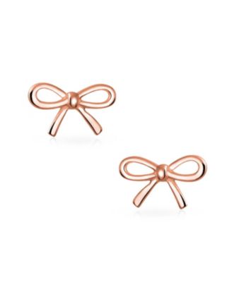 Delicate Simple Dainty Ribbon Birthday Present Bow Stud Earrings Rose Gold Plated .925 Sterling Silver