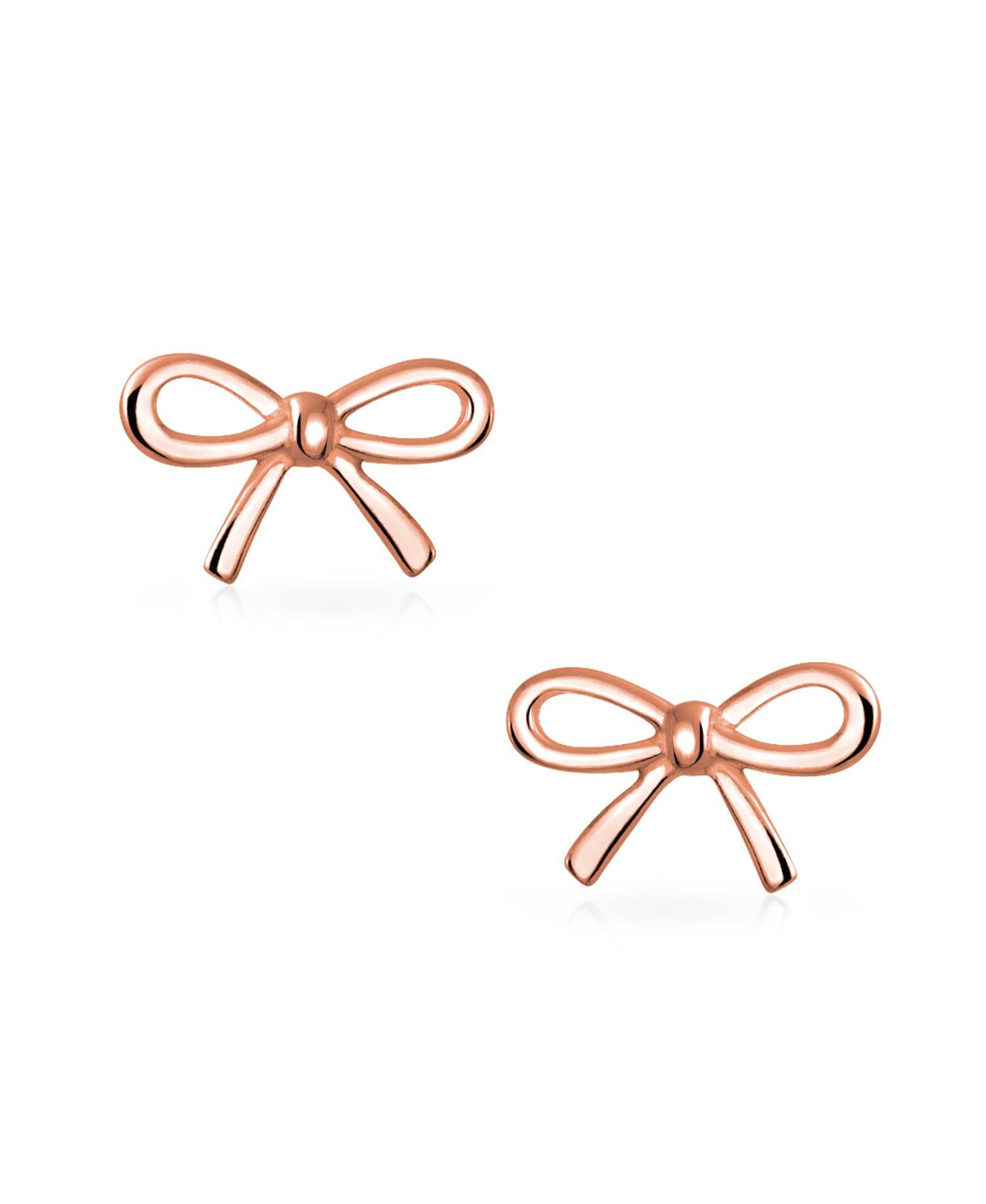 Dainty Ribbon Bow Stud Earrings Rose Gold Plated .925 Sterling Silver