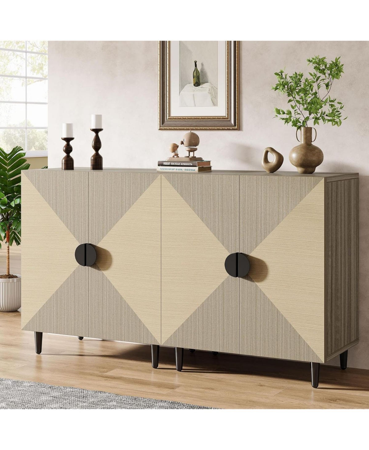 Tribesigns Set of 2 Sideboard Buffet Cabinet with Storage, Kitchen Storage Cabinet with Doors and Adjustable Shelves, Wooden Credenza Coffee Bar A