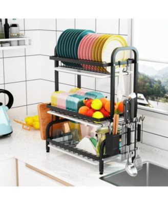 Drying Rack, Metal 3-Tier Large Capacity Dish Rack with Utensil Holder, Cutting Board Holder, Drain Board Tray for Kitchen Counter Storage