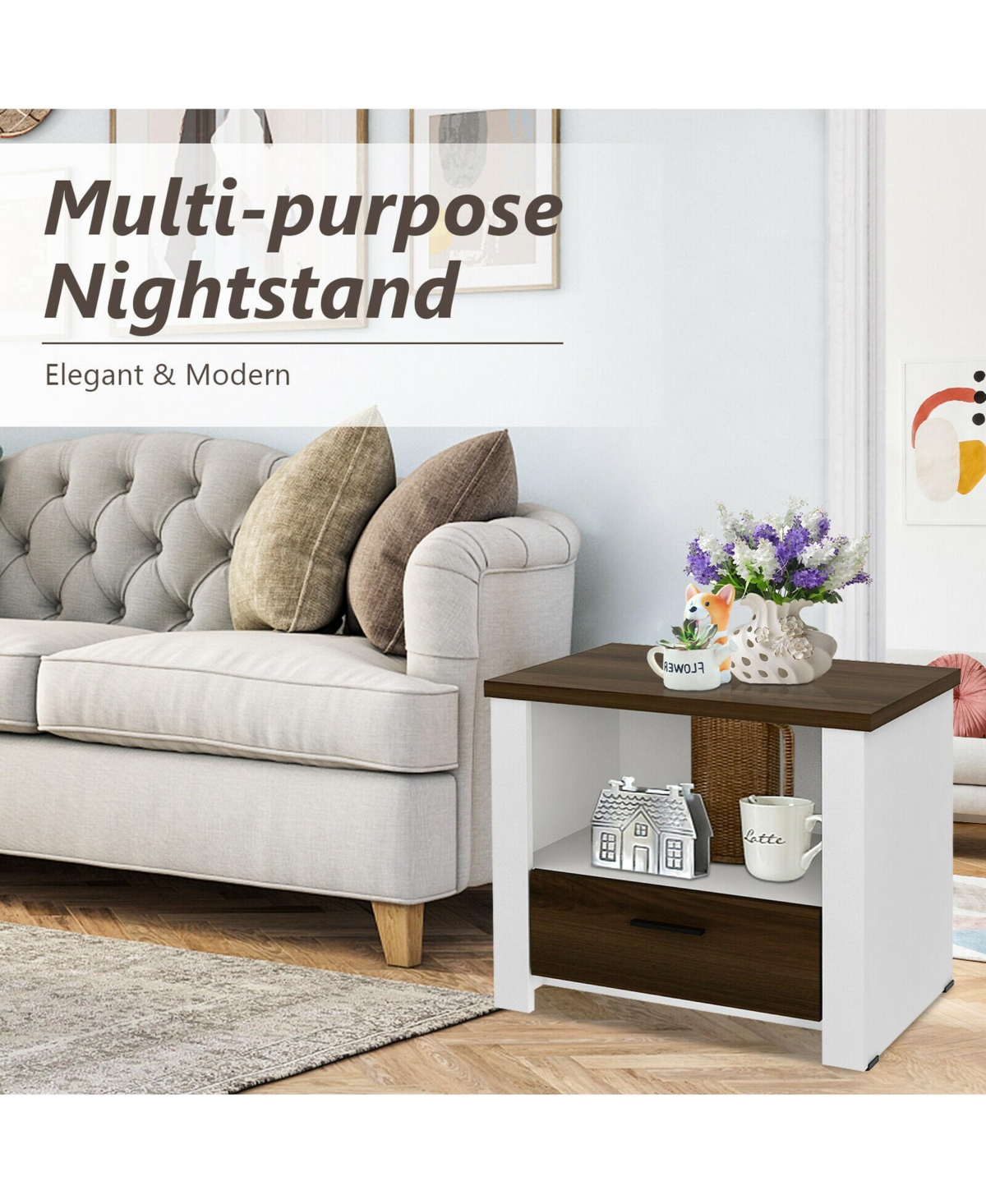 Gymax 2PCS Accent Nightstand Drawer and Open Shelf Sofa End Table Bedroom Living Room - White+dark brown