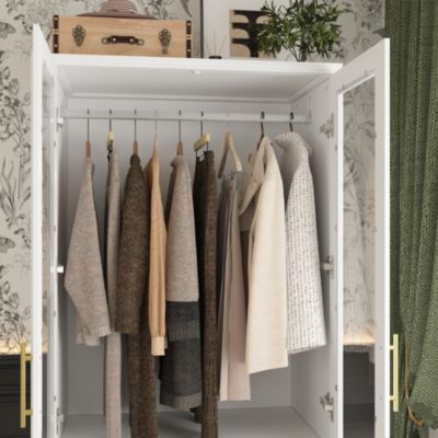 White 2-door 3-drawer wardrobe with tempered glass, bedroom Armoire, wooden Closet