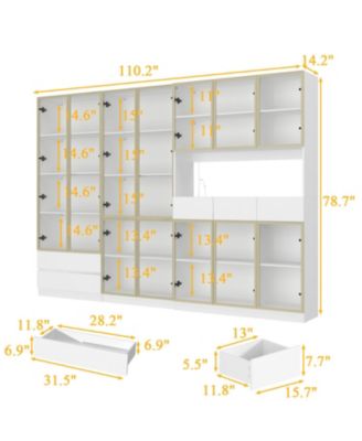 30-Shelf White Wood Standard Bookcase With Doors,LED Lights,Drawers