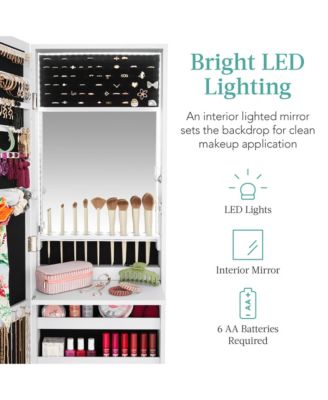 Hanging Mirror Jewelry Armoire, Door or Wall Mounted Cabinet w/ LED Lights, Lock