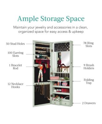 Hanging Mirror Jewelry Armoire, Door or Wall Mounted Cabinet w/ LED Lights, Lock