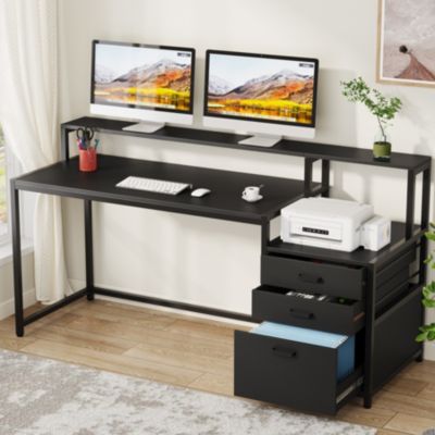 63 Inch Computer Desk with File Drawer Cabinet, Ergonomic Office Desk with Monitor Stand, Computer Table with Printer Space, Wood PC Table Workstation Desk for Home Office