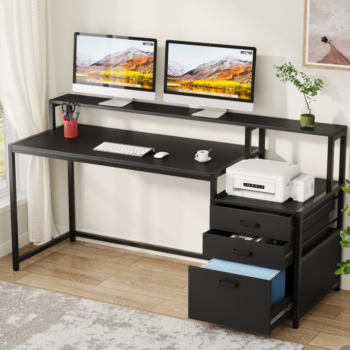 Tribesigns Computer Desk with File Drawer Cabinet, Ergonomic Office Desk with Monitor Stand, Computer Table with Printer Space, Wood Pc Table
