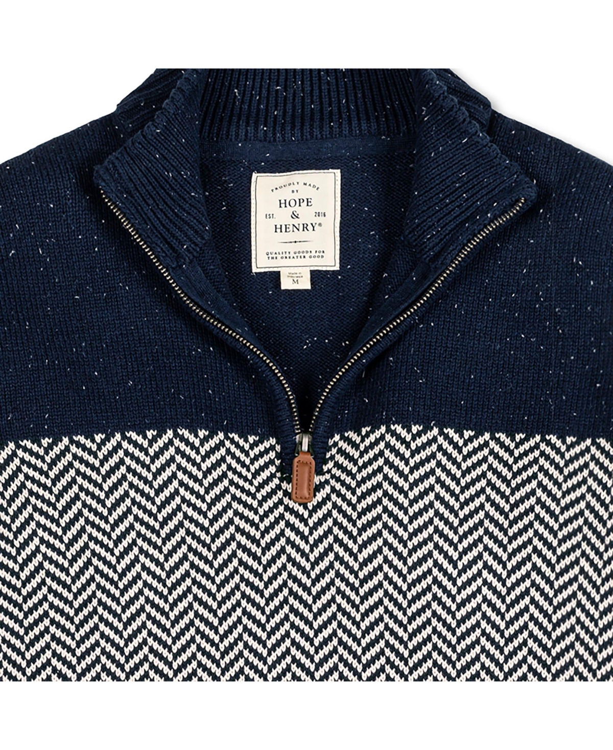 Hope & Henry Men's Half Zip Pullover Sweater - Navy and white herringbone