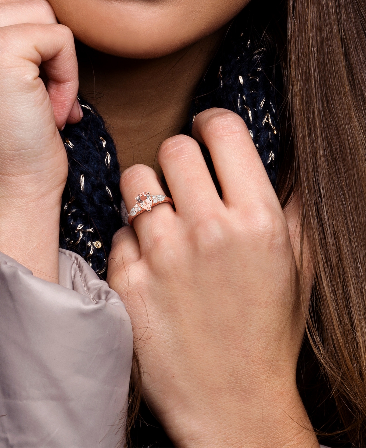 Macy's Morganite (1 Ct. T.w.) & Diamond (3/8 Ct. T.w.) Pear Ring In 14k Rose Gold In Morganite