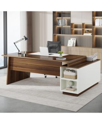 70.5-Inch Executive Office Desk: Modern L-Shaped Desk with File Cabinet and Storage Shelves, Large Wood Computer Desk, Walnut & White