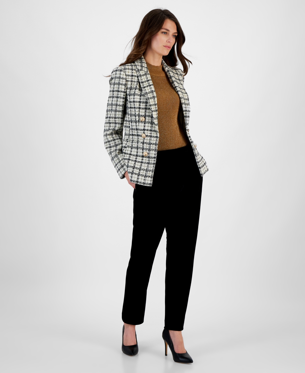 Tahari Asl Women's Faux Double-Breasted Tweed Blazer -bl