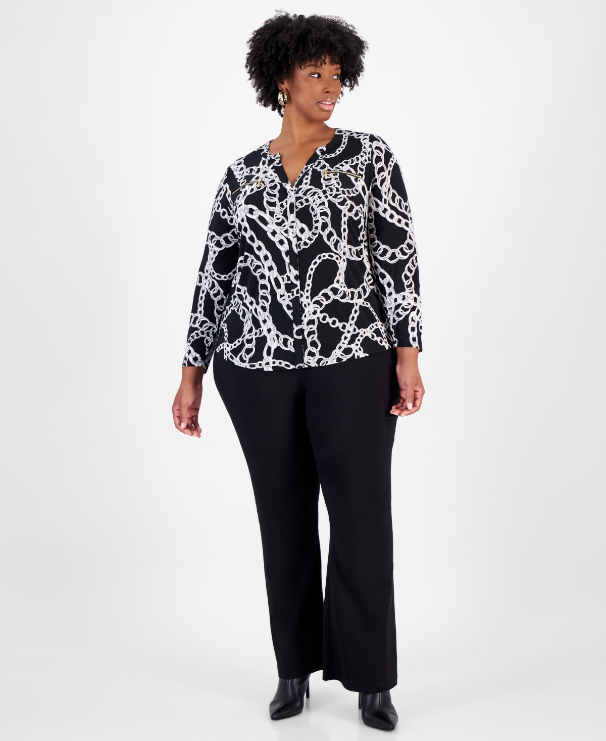 I.n.c. International Concepts Plus Size Printed Zip-Pocket Top, Created for Macy's