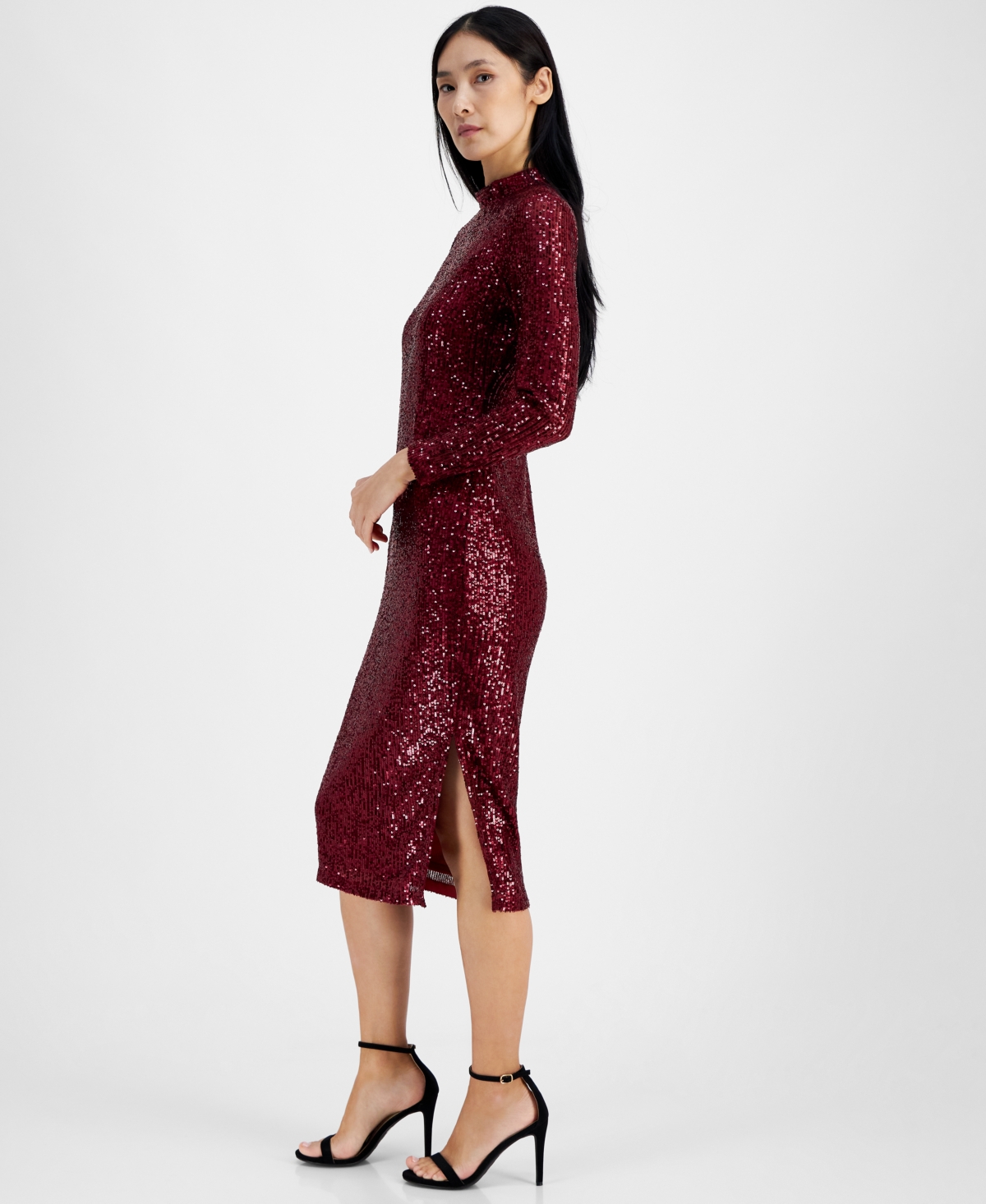 ANNE KLEIN WOMEN'S MOCK-NECK SEQUIN MIDI DRESS 