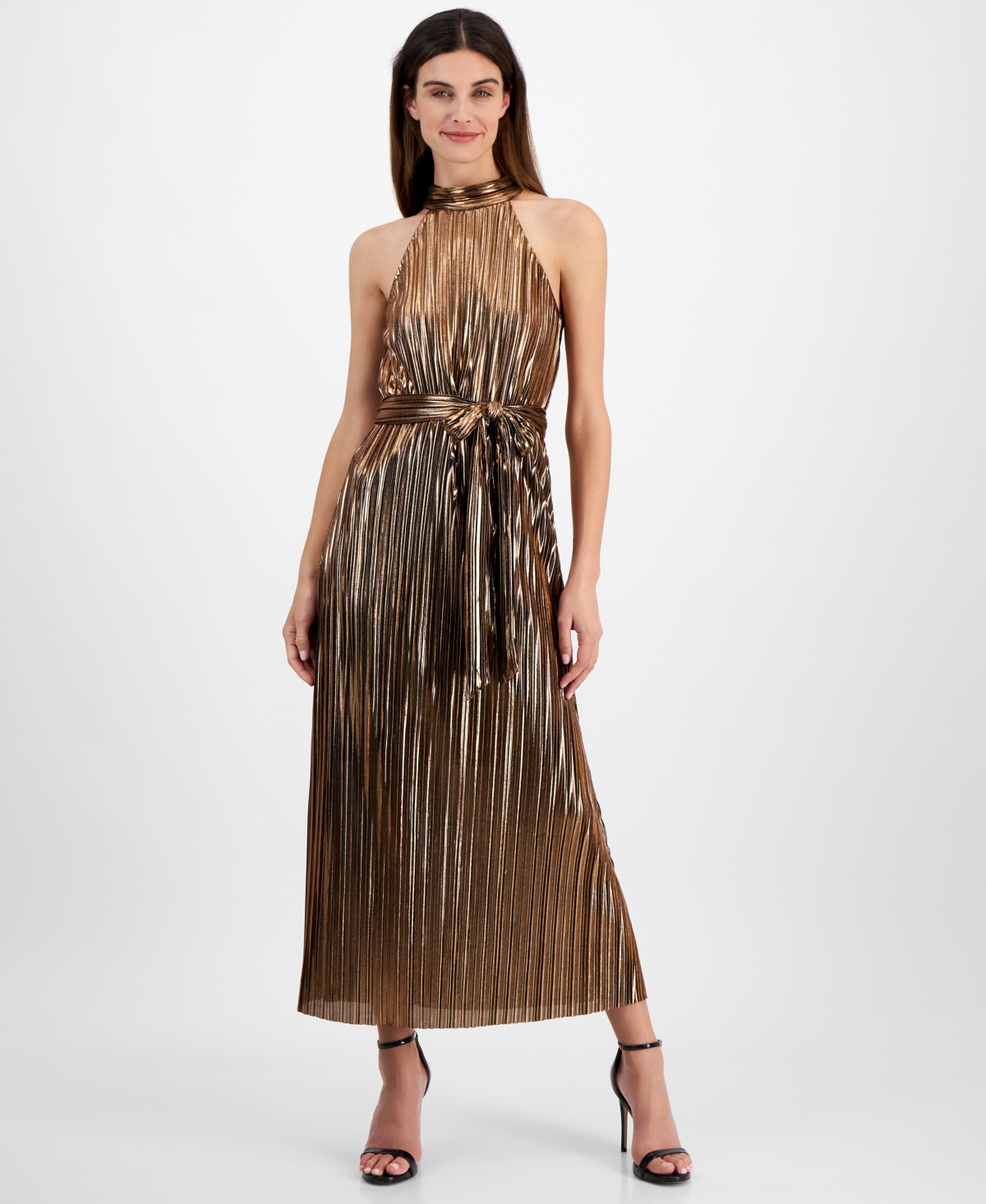 Shop Anne Klein Women's Metallic Mock Neck Halter Dress In Beige