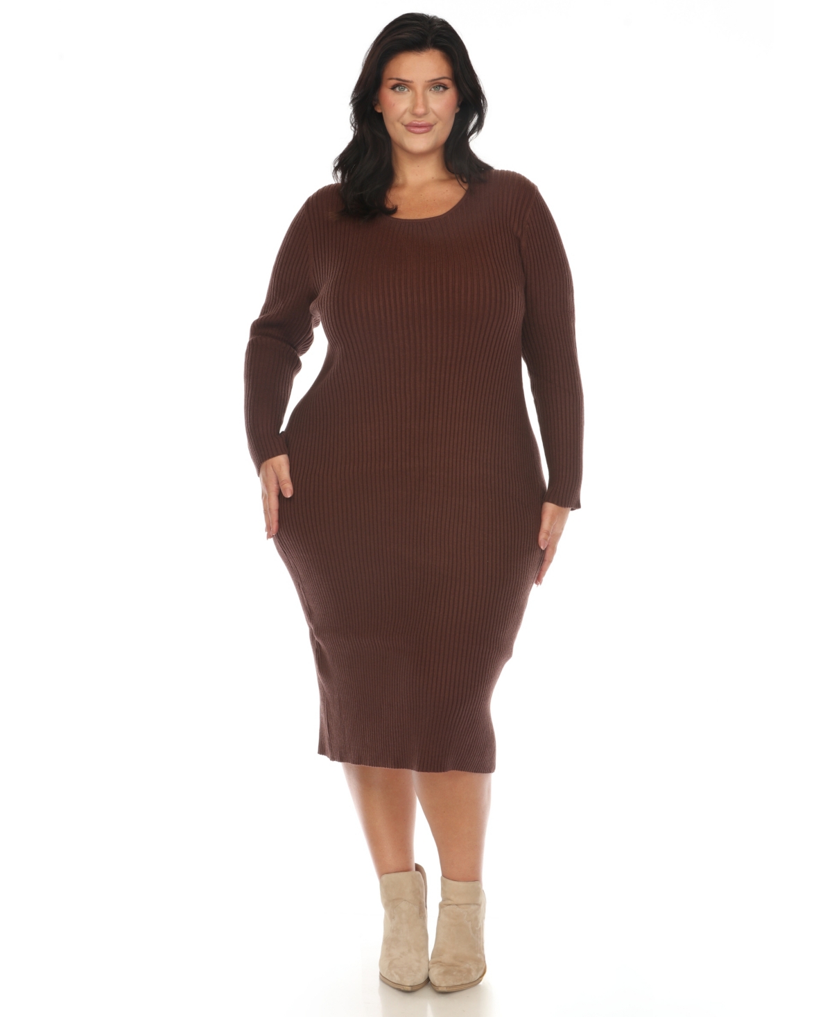 White Mark Plus Size Rib Midi Sweater Dress In Brown