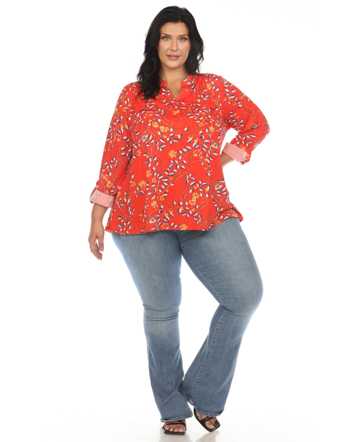White Mark Plus Size Paisley Button Front Tunic Top In Red