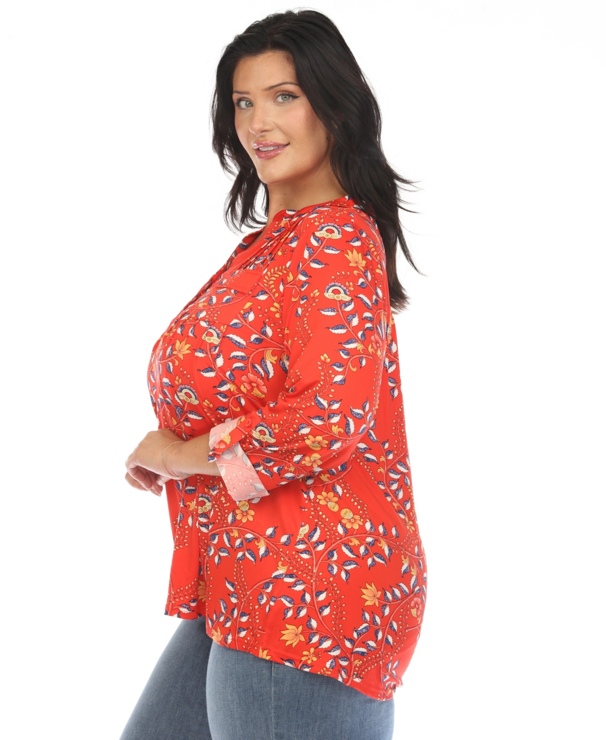 White Mark Plus Size Paisley Button Front Tunic Top In Red