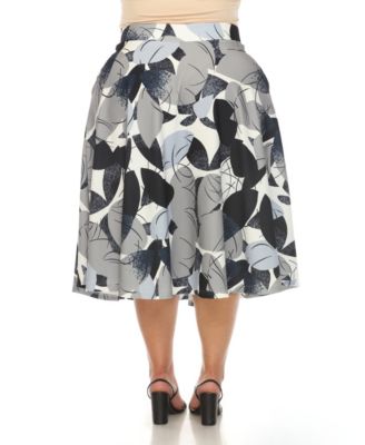 Plus Size Leaf Print Vintage Flared Midi Skirt