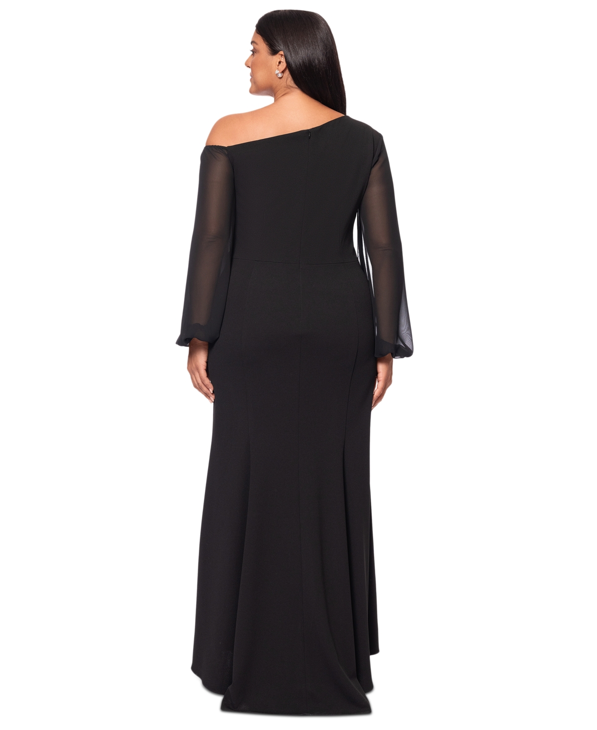Betsy & Adam Plus Size Asymmetric Long-sleeve Gown In Black