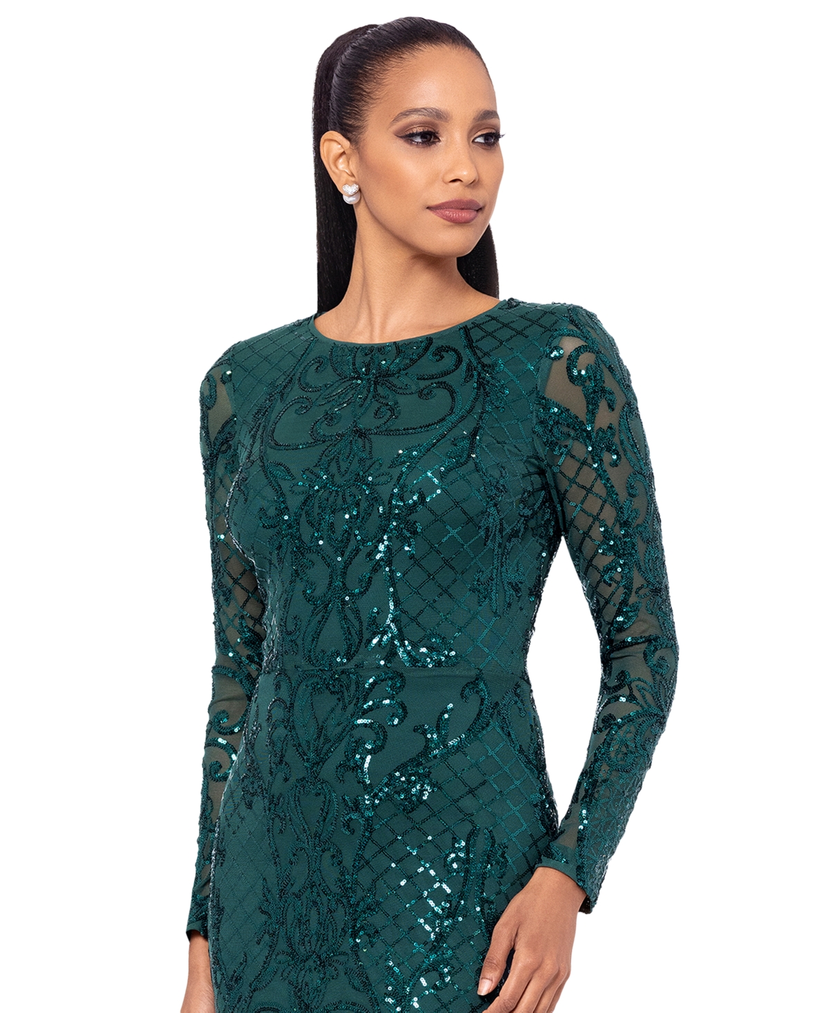 Betsy & Adam Plus Size Sequined Long-sleeve Sheath Gown In Emerald